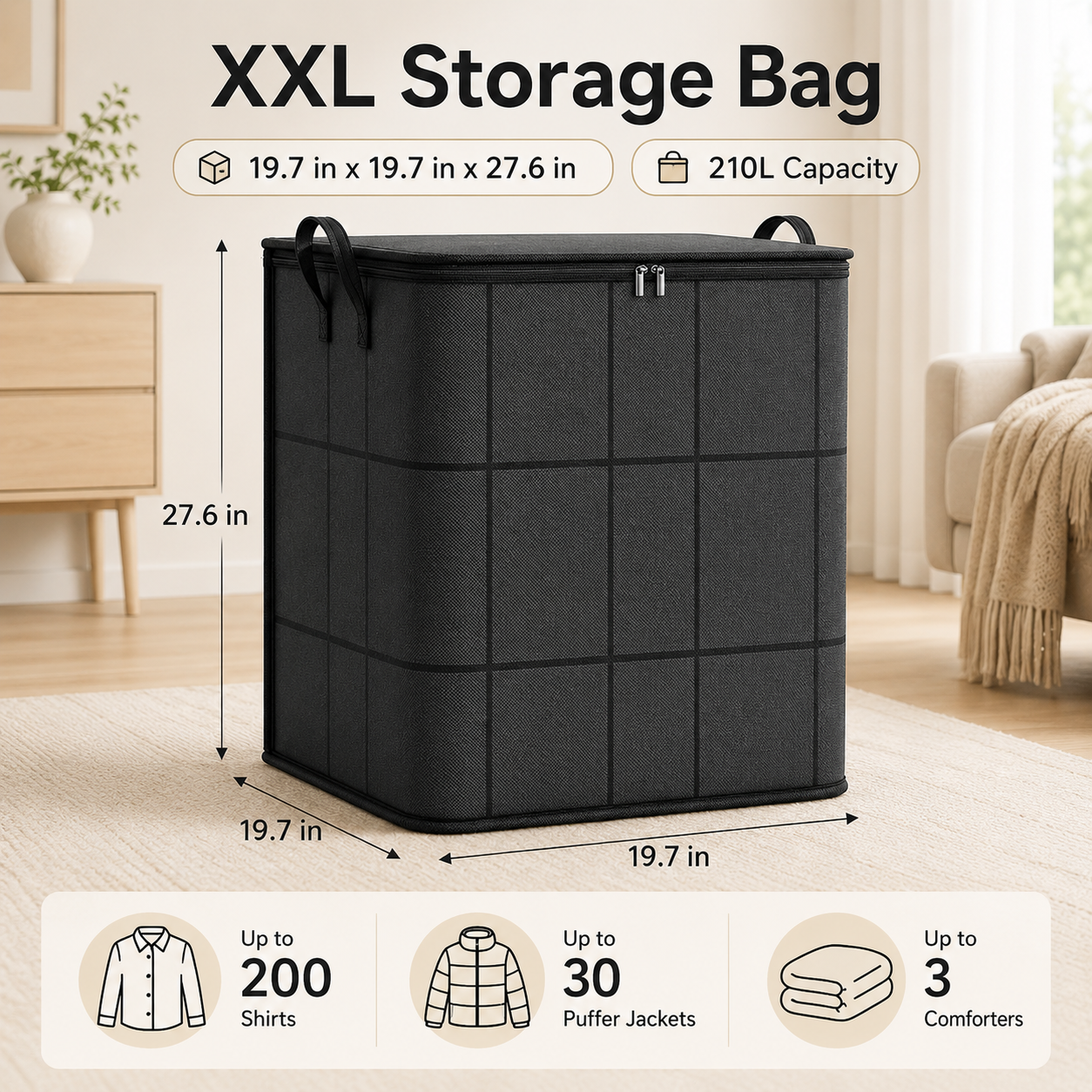 ๐ Spacious Moving Storage Bin | Large Zippered Fabric Organizer Bag for Quilts, Bedding, Sweaters & Closet Storage โจ