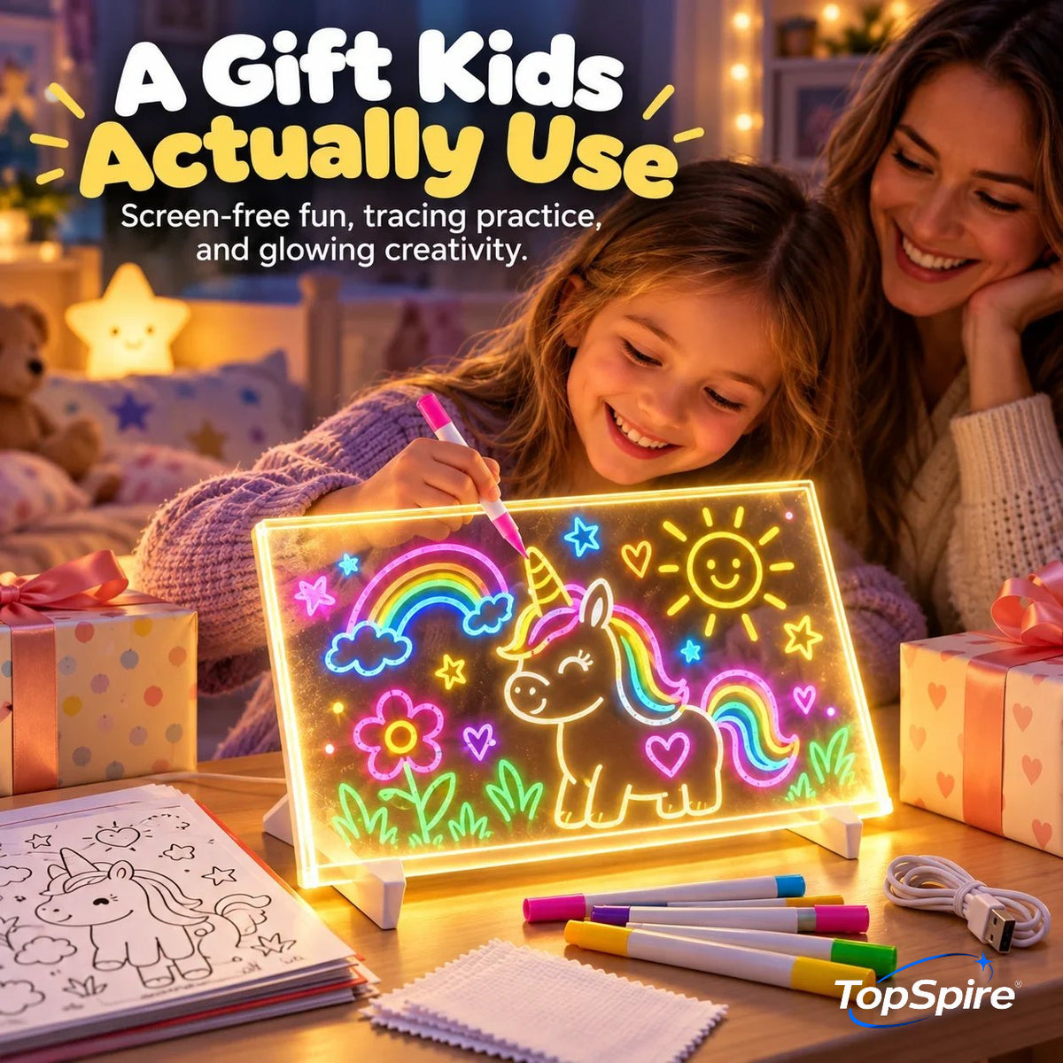 🔥 LAST DAY: 50% OFF —🌈 TopSpire®Magic LED Drawing Board for Kids – Reusable Glow Art & Tracing Kit 🎨