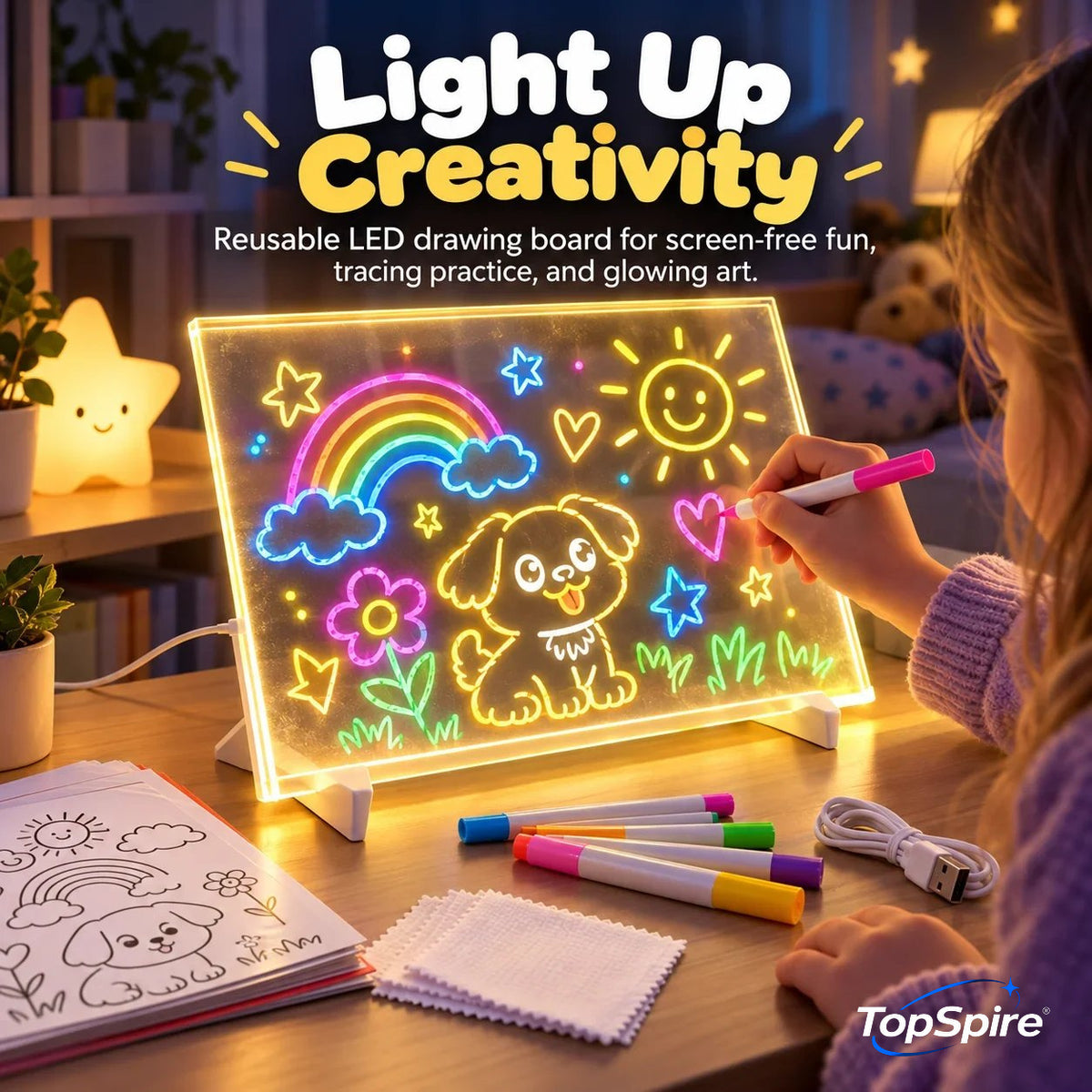 🔥 LAST DAY: 50% OFF —🌈 TopSpire®Magic LED Drawing Board for Kids – Reusable Glow Art & Tracing Kit 🎨