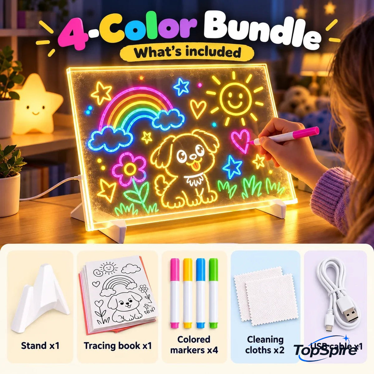 🔥 LAST DAY: 50% OFF —🌈 TopSpire®Magic LED Drawing Board for Kids – Reusable Glow Art & Tracing Kit 🎨