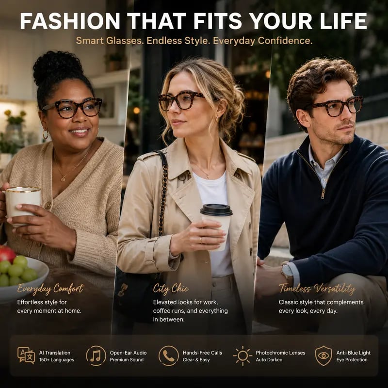 👓 VUB Smart Translation Glasses – Unisex Bluetooth Audio Eyewear with Real-Time AI Translation, Photochromic Transition Lenses, Blue Light Filtering & Tortoiseshell Frame