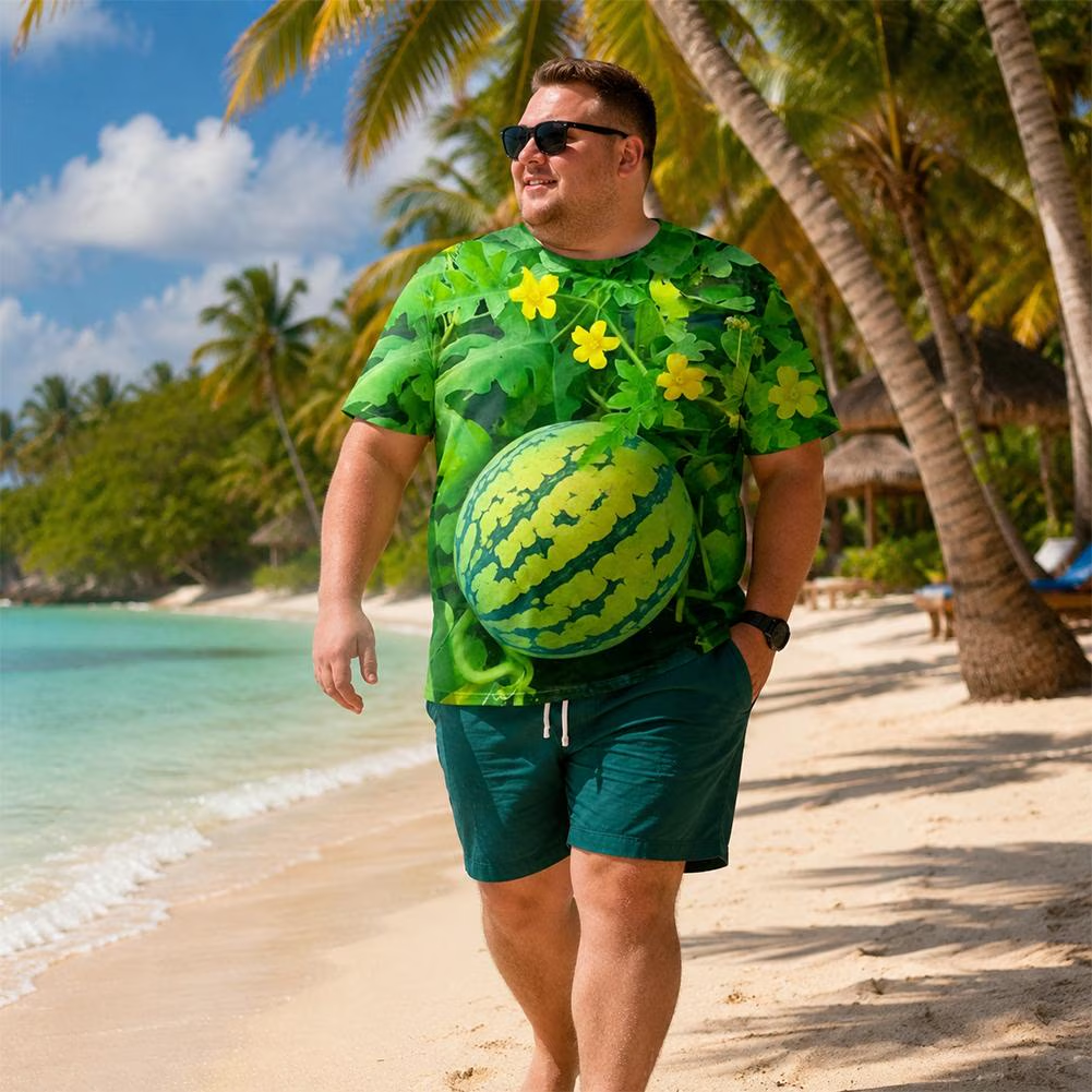 🍉 Funny 3D Watermelon Belly T-Shirt & Shorts Set – Summer Fruit Outfit