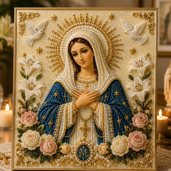🎉🙏 Divine Pearl Bead Virgin Mary Icon – A Peaceful DIY Faith Art Gift ✨