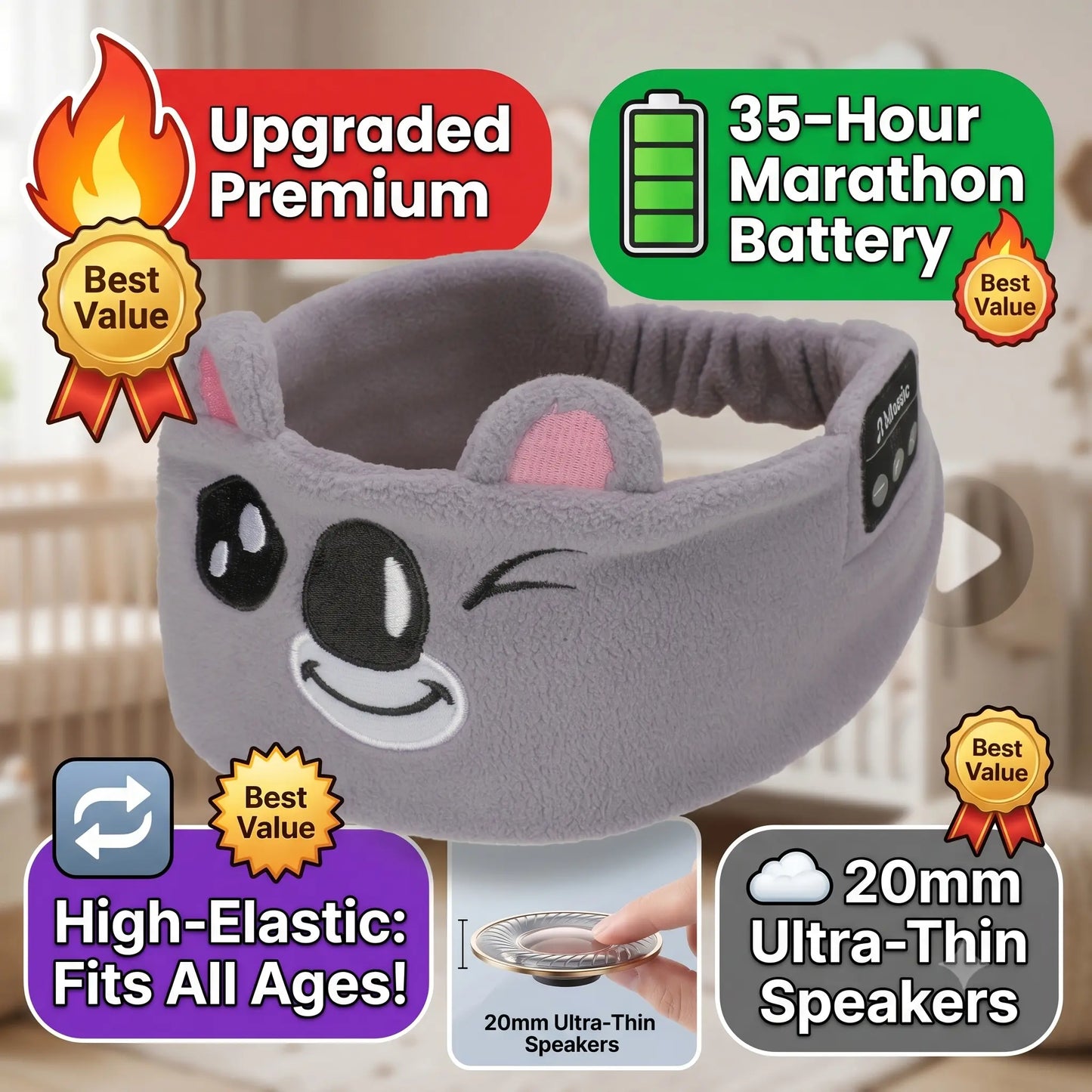 🎵 Kids Bluetooth Sports Headband 🧸 Ultra-Thin Speaker Sweatband Sleep Mask, 8–35H Playtime Washable Travel Music Gear