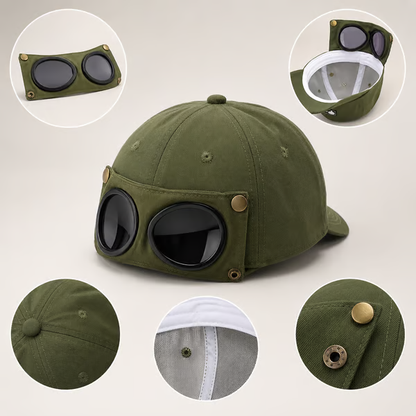 🧢 Detachable Goggle Pilot Cap — Vintage Washed Cotton Streetwear 😎