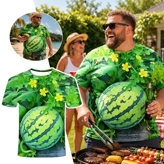 🍉 Funny 3D Watermelon Belly T-Shirt & Shorts Set – Summer Fruit Outfit