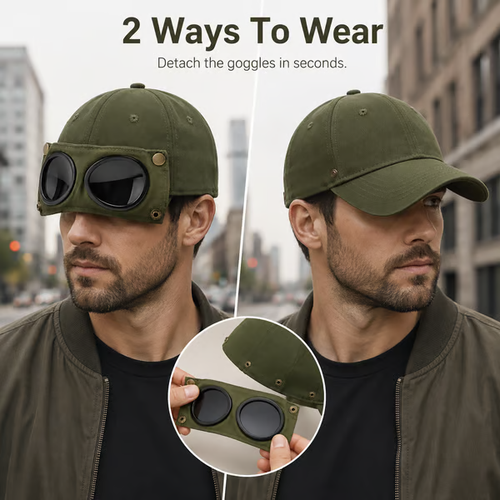 🧢 Detachable Goggle Pilot Cap — Vintage Washed Cotton Streetwear 😎