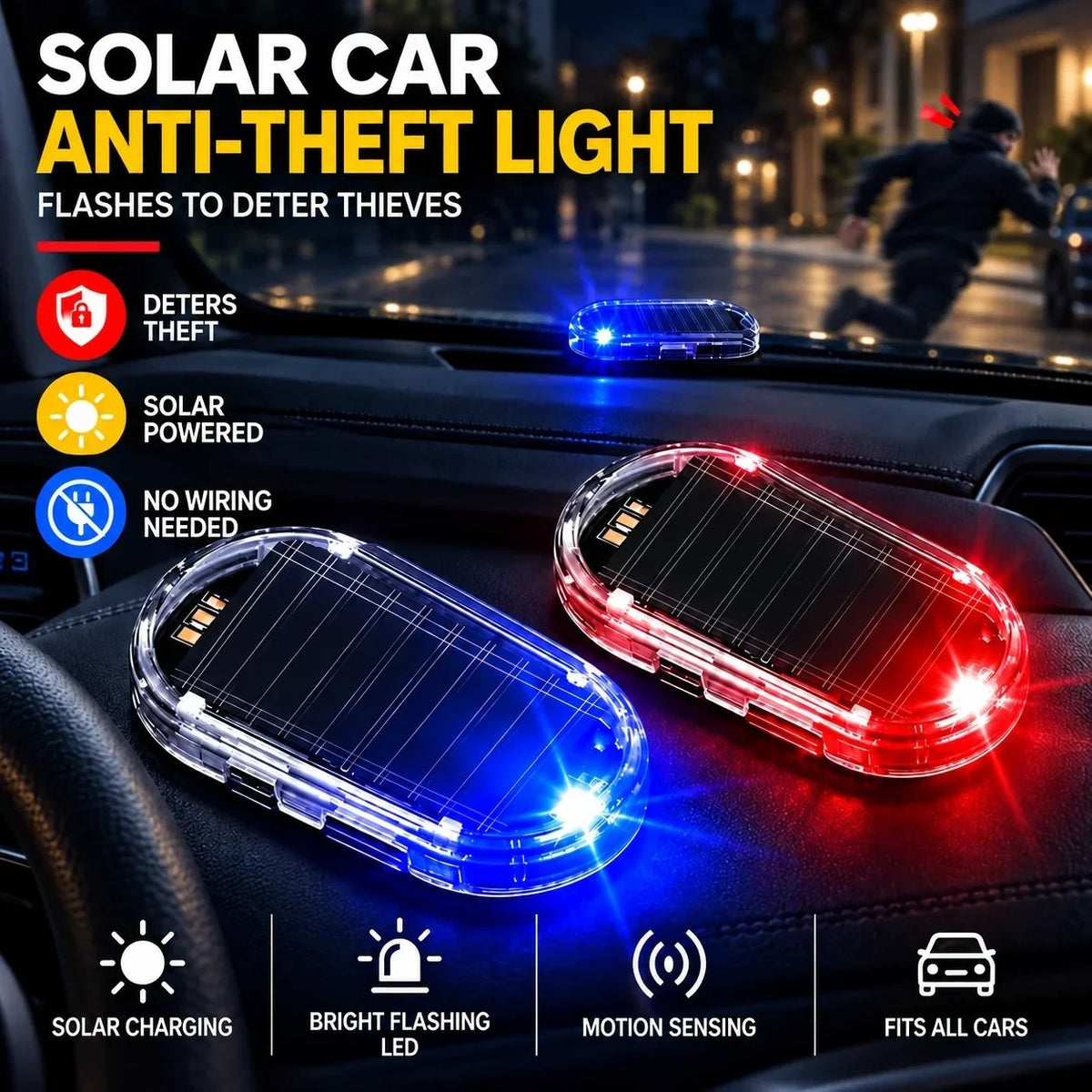 Solar Powered Fake Car Alarm Light, Auto Light Sensor LED Simulated Security Warning Flashing Light - image 11