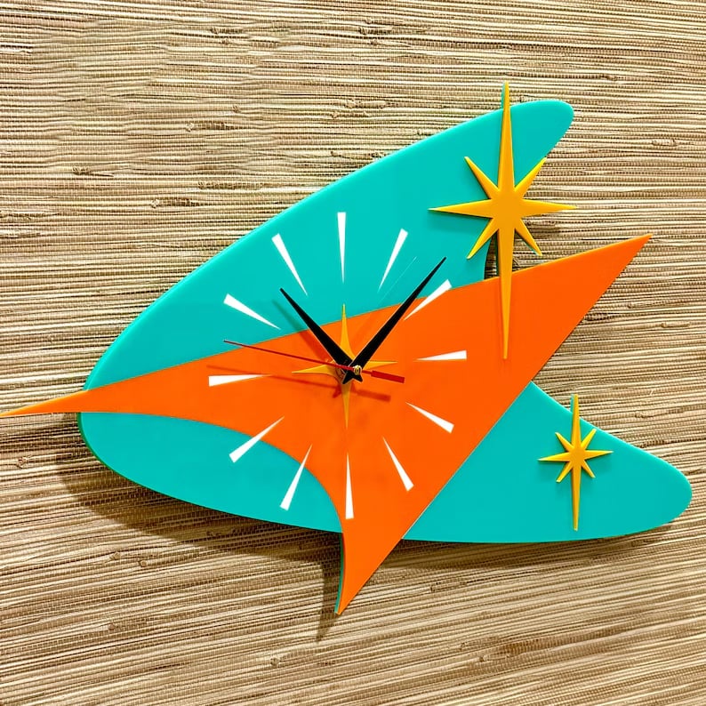 🕰️✨ Mid Century Modern Atomic Boomerang Wall Clock | Retro 1950s Starburst Design