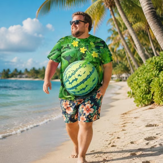 🍉 Funny 3D Watermelon Belly T-Shirt & Shorts Set – Summer Fruit Outfit