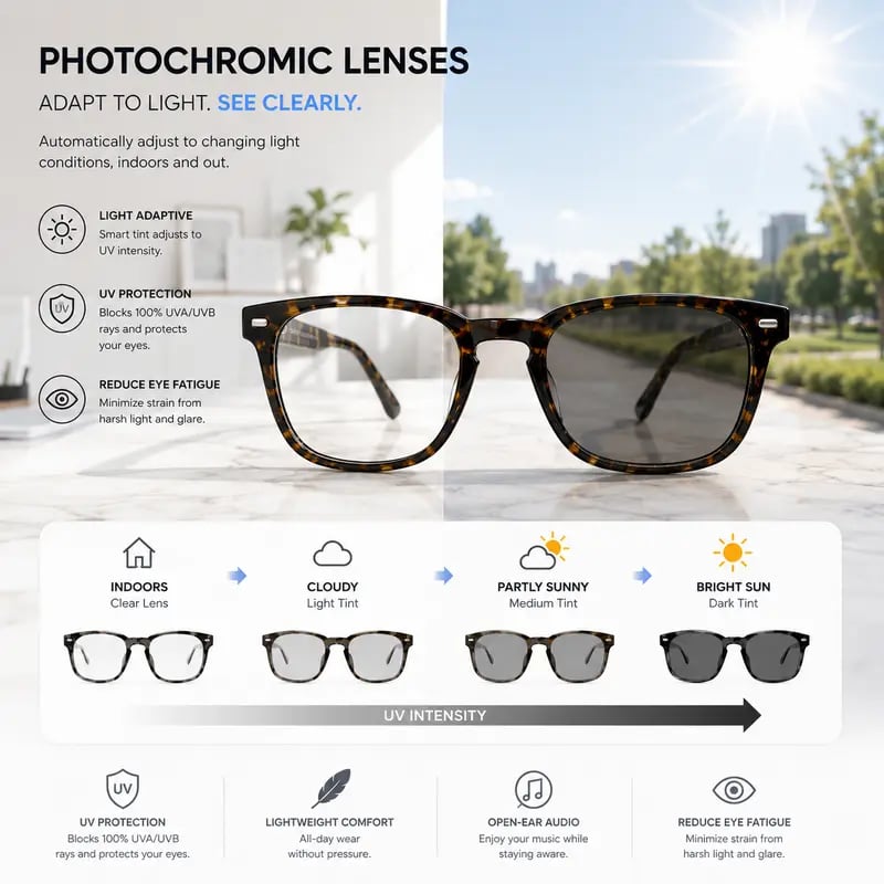 👓 VUB Smart Translation Glasses – Unisex Bluetooth Audio Eyewear with Real-Time AI Translation, Photochromic Transition Lenses, Blue Light Filtering & Tortoiseshell Frame