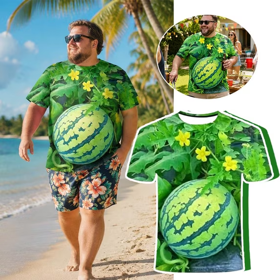 🍉 Funny 3D Watermelon Belly T-Shirt & Shorts Set – Summer Fruit Outfit