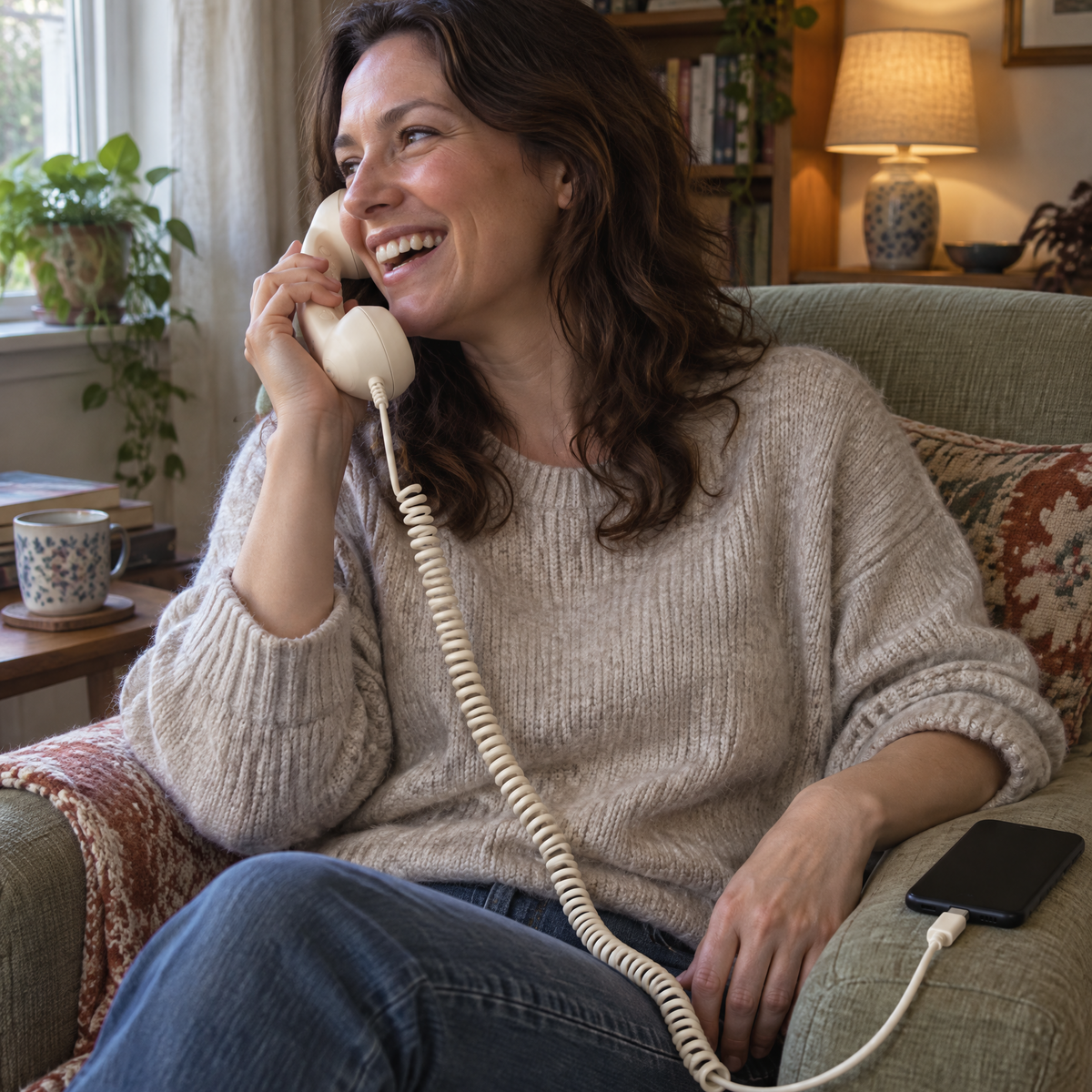 Woman laughing on a call, handset held to her ear