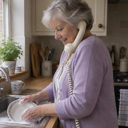 Woman washing up with the handset cradled on her shoulder